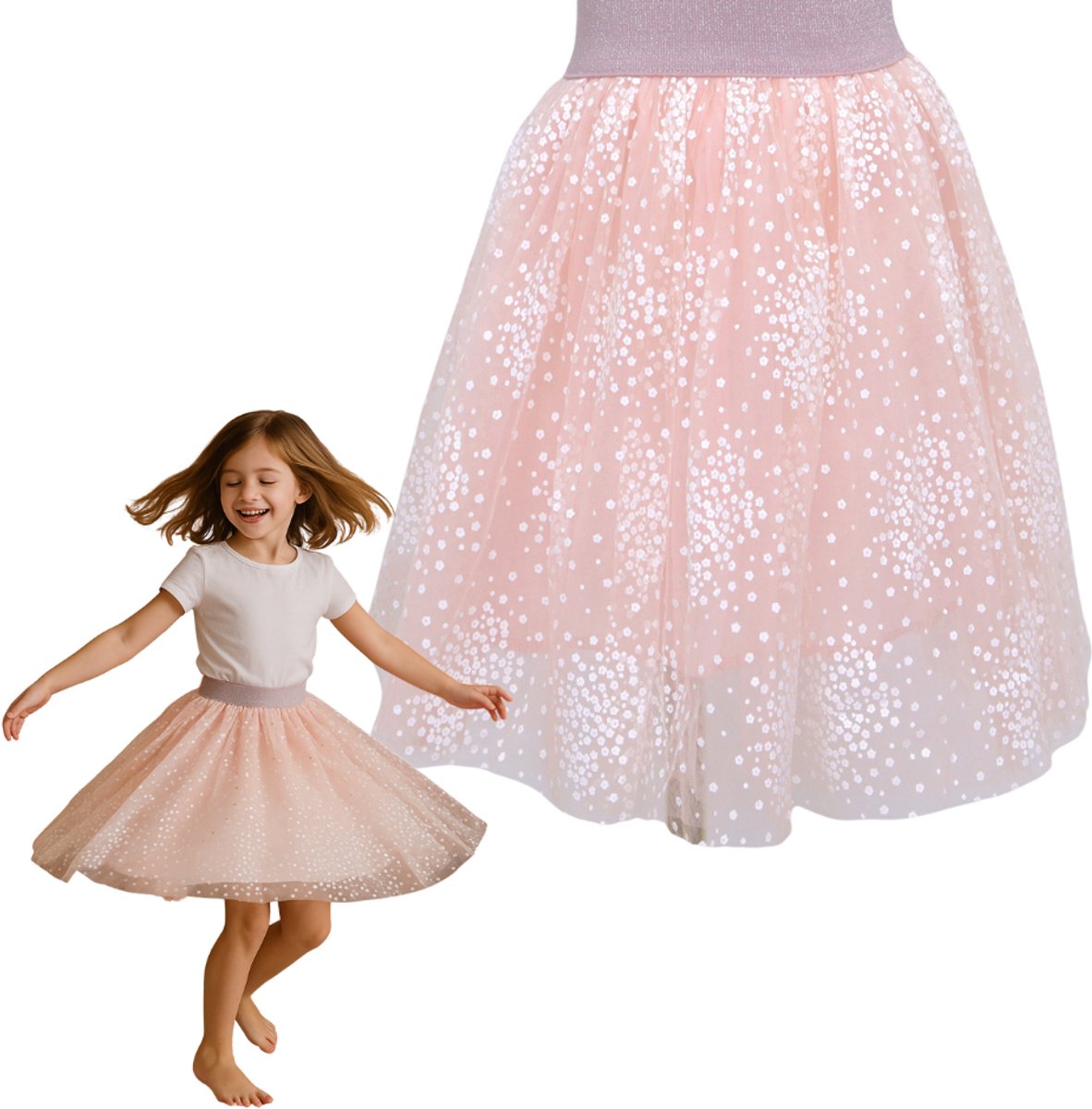 Joya Kids® Zacht Roze Verkleedrok met Tule | Verkleedjurk Meisje | Rok met Witte Madeliefjes | Verkleedrok met tule laag | Verkleedkleding | Meisje Verkleedset | Stijlvolle Verkleed | Maat M